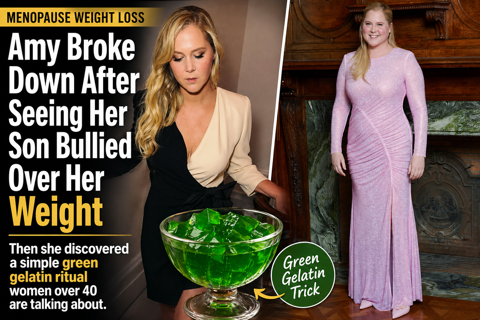 Amy Schumer before and after the green gelatin protocol — 62 lbs lost in 3 months